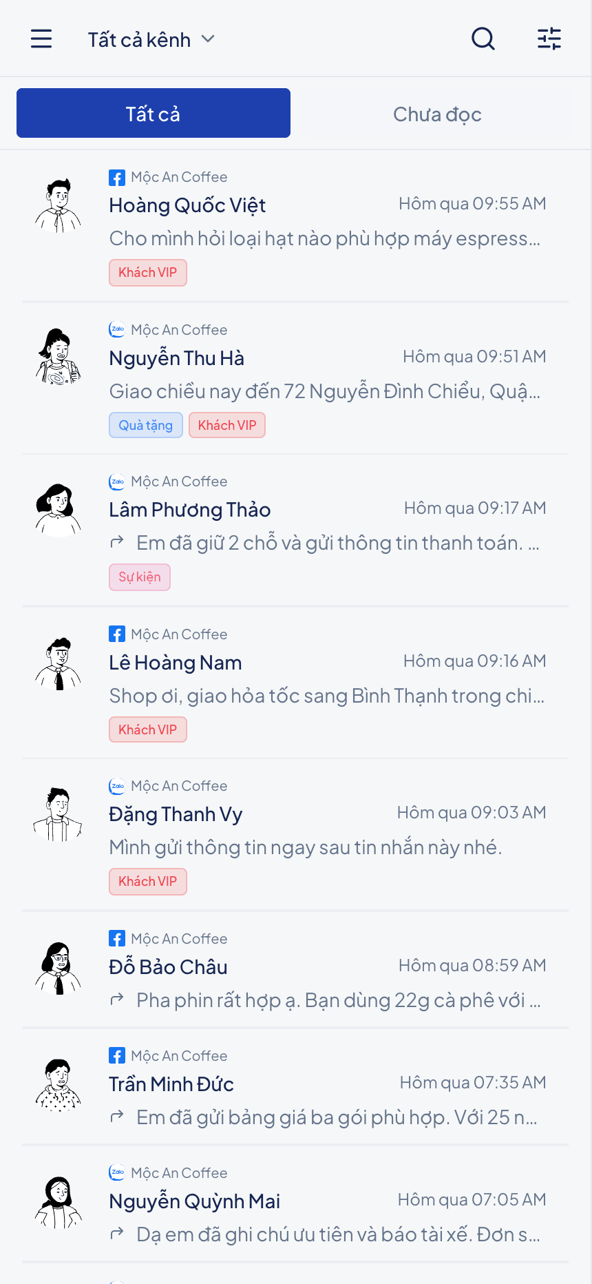 Danh sách hội thoại ChatNhanh.vn trên điện thoại