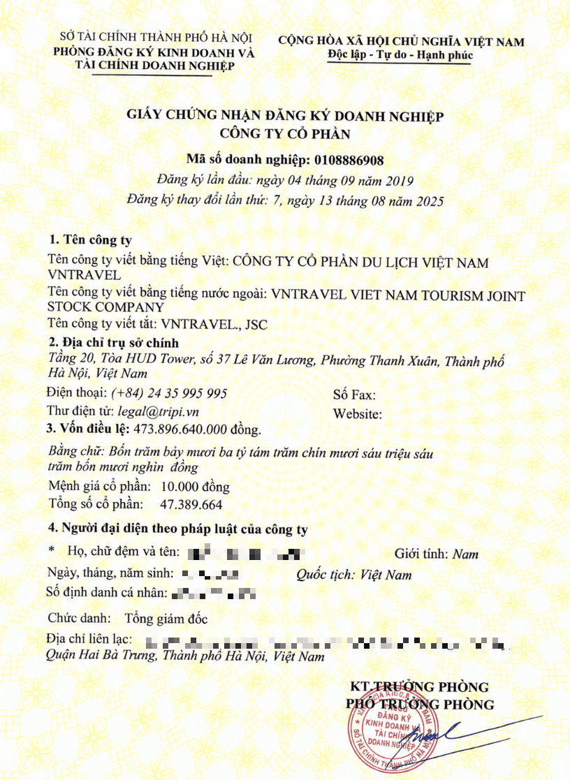 Giấy chứng nhận đăng ký doanh nghiệp VNTRAVEL